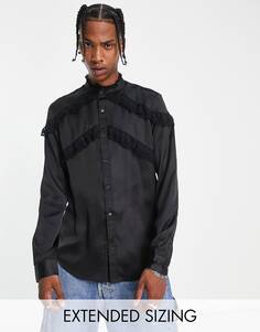 Черная атласная рубашка классического кроя с кружевной оборкой ASOS DESIGN