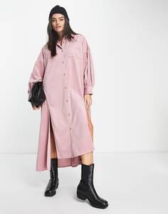 Розовое вельветовое платье-рубашка макси оверсайз с разрезами ASOS DESIGN
