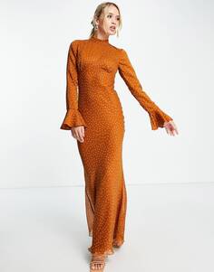 Ржавое платье макси с высоким вырезом и расклешенными манжетами ASOS DESIGN