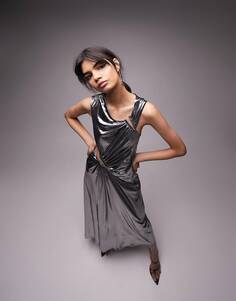 Асимметричное серебристое платье миди с вырезами и эффектом металлик Topshop