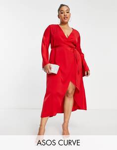 Красное атласное платье с завязками на талии и косым вырезом ASOS DESIGN Curve