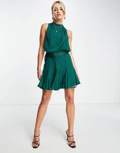 Зеленое платье мини в горошек с завязками на талии ASOS DESIGN