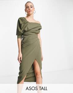 Платье миди цвета хаки с драпированным лифом и вырезом на лифе ASOS DESIGN Tall