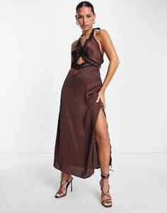 Шоколадное платье-комбинация миди с кружевом и вырезом на шее Topshop