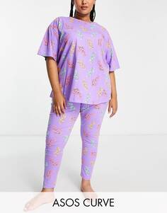 Фиолетовый комплект из крупной футболки и пижамы с леггинсами ASOS DESIGN Curve