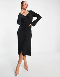 Черное платье миди с запахом и драпировкой в ​​стиле 70-х ASOS DESIGN