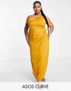 Золотое атласное платье макси на одно плечо со складками ASOS DESIGN Curve