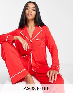 Эксклюзивный красный пижамный комплект из рубашки и брюк с длинным рукавом и контрастной окантовкой ASOS DESIGN Petite