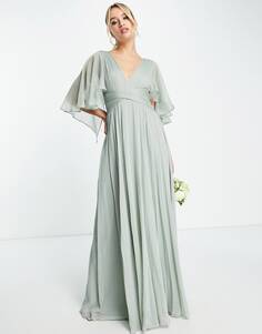 Оливковое платье макси со сборками на лифе и драпировкой ASOS DESIGN Bridesmaid, с запахом на талии и развевающимися рукавами-накидками ASOS DESIGN Bridesmaid