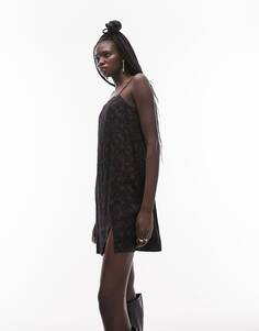 Черное платье-комбинация мини из жаккарда с цветочным принтом Topshop