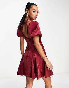 Бордовое бархатное мини-платье с пышными рукавами и отделкой в ​​виде годе ASOS DESIGN