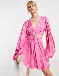 Розовое жаккардовое платье мини с вырезами Topshop