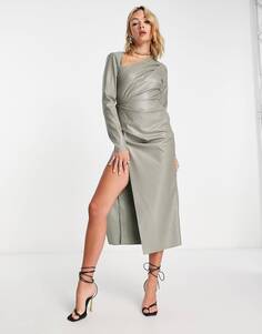 Платье миди из искусственной кожи ASOS DESIGN, хаки