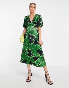 Зеленое платье миди с вырезом на талии и цветочным принтом Topshop
