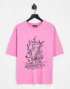 Розовая оверсайз-футболка с рисунком в стиле рок и металлическим скелетом ASOS DESIGN