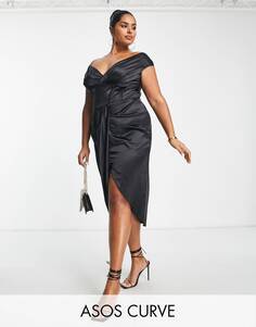 Черное атласное платье миди с открытыми плечами и корсетом ASOS DESIGN Curve