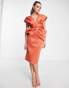Платье миди цвета жженого абрикоса с драпировкой и поясом на плечах ASOS DESIGN