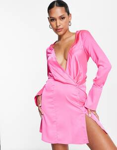 Розовое атласное мини-платье с косой драпировкой и пуговицами ASOS DESIGN