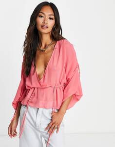 Розовая прозрачная блузка с оборками на плечах и оборками по подолу ASOS DESIGN