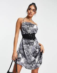 Однотонное платье-комбинация с воротником-хомутом и съемным джинсовым корсетом ASYOU