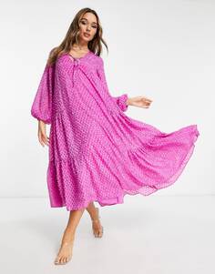 Ярко-розовое платье макси с трапецией и длинными рукавами в стиле 70-х ASOS DESIGN