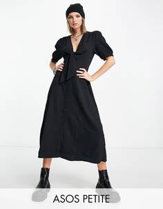 Черное платье миди с завязками спереди и пуговицами ASOS DESIGN Petite