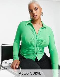 Зеленая облегающая рубашка с глубоким вырезом и сборками ASOS DESIGN Curve