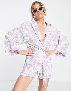 Бело-фиолетовое кимоно с цветочным принтом ASOS DESIGN