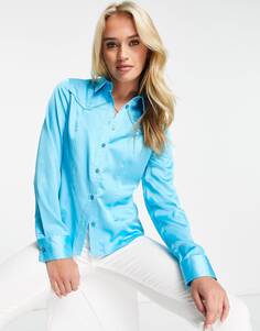 Ярко-синяя атласная рубашка узкого кроя с отстрочкой в ​​стиле вестерн ASOS DESIGN