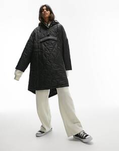 Черное длинное стеганое пальто-трапеция с капюшоном Topshop