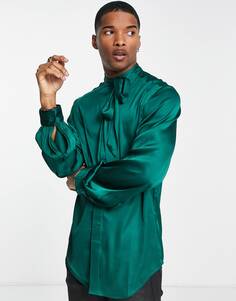 Зеленая атласная рубашка с завязками на шее и объемными рукавами ASOS DESIGN
