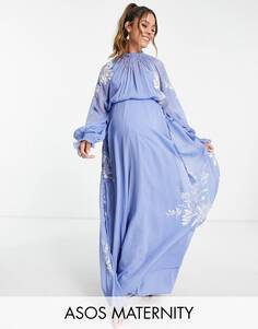 Платье макси с высоким воротником, завязками на талии и цветочной вышивкой ASOS DESIGN Maternity