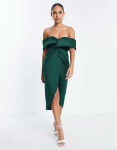 Зеленое платье миди с открытыми плечами ASOS DESIGN