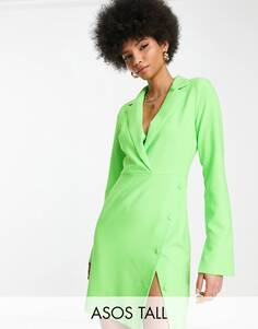 Неоново-зеленое платье мини-блейзер с разрезом и юбкой на пуговицах ASOS DESIGN Tall