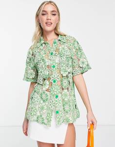 Зеленая рубашка с коротким рукавом с цветочным принтом ASOS DESIGN