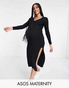 Черное трикотажное платье в рубчик с v-образным вырезом ASOS DESIGN Maternity