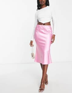 Сатиновая юбка миди косого цвета светло-розового цвета Miss Selfridge