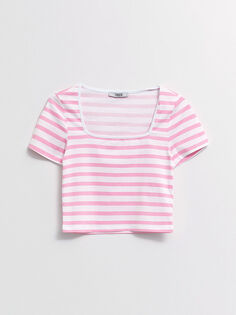 Укороченная хлопковая Женская футболка с квадратным вырезом в полоску и короткими рукавами Xside
