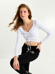 Укороченная Женская футболка с длинным рукавом и V-образным вырезом с рюшами Xside