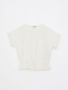 Блузка для девочек с круглым вырезом и зубчатыми деталями и короткими рукавами LCW Kids
