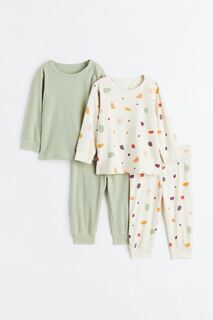 2 пары хлопковых пижам в полоску H&amp;M, светло-зеленый шалфей/кремовый H&M