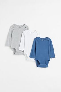 3 комплекта хлопковых боди с длинными рукавами H&amp;M, синий/белый/серый меланж H&M