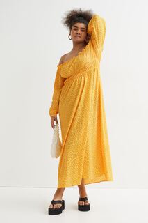 H&amp;M+ Платье из крепа с открытыми плечами, оранжевый/маленькие цветы H&M