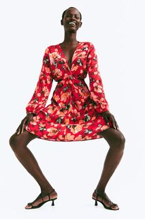 Платье с декоративным узлом и вырезом H&amp;M, красный/цветочный H&M