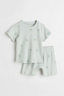 Хлопковая пижама в полоску H&amp;M, светло-зеленый/пальмы H&M