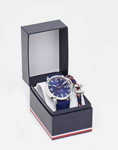 Подарочный набор из мужских силиконовых часов и плетеного браслета Tommy Hilfiger темно-синего цвета