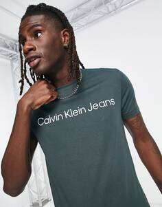 Темно-зеленая приталенная футболка с логотипом Calvin Klein Jeans