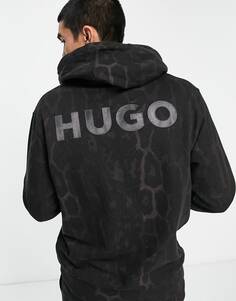 Худи свободного кроя HUGO Daglion черного цвета со сплошным анималистическим принтом и логотипом на спине Boss