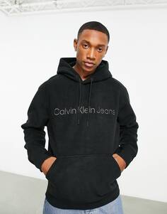 Черная толстовка с капюшоном из полярного флиса с логотипом на груди и логотипом Calvin Klein Jeans
