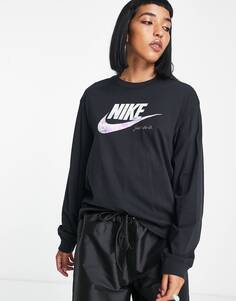 Черная футболка с длинным рукавом и блестящим логотипом Nike